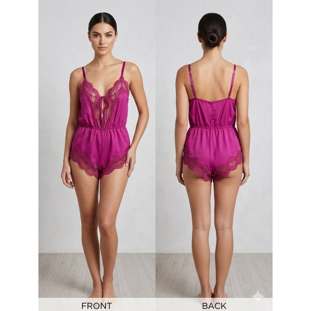 VTG 80s Blush Val Mode Magenta Satin Lace Teddy Romper Small  USA High Cut